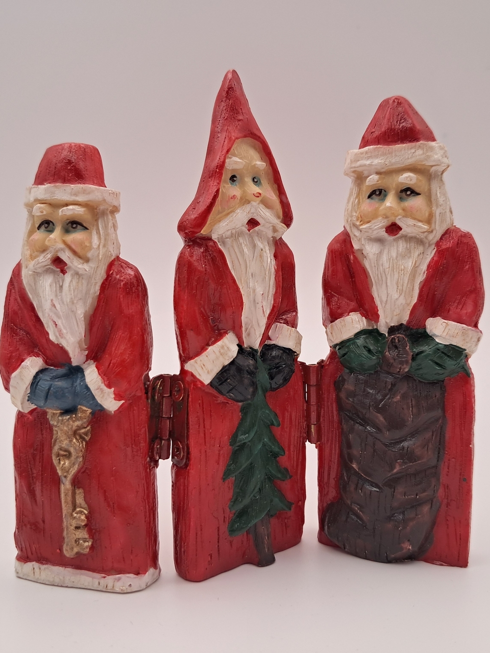 ​Vintage Hand Painted Santa Triptych Hinged Wooden Figurine Set Signed Becky 97